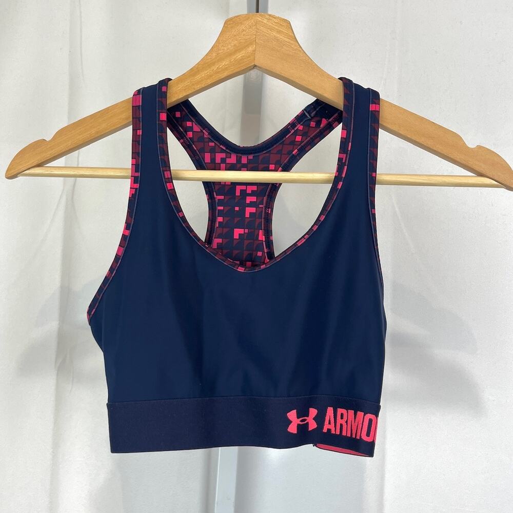 UNDER ARMOUR Size XS Printed Racerback Sports Bra Navy Blue Pink